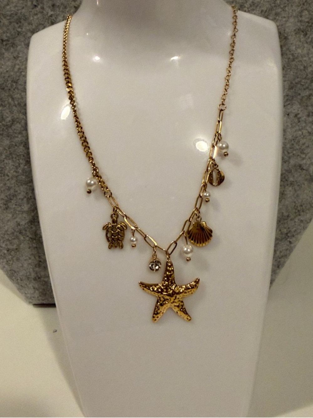 Gold Toned Sea Charm Necklace with Pearls - Women Jewelry